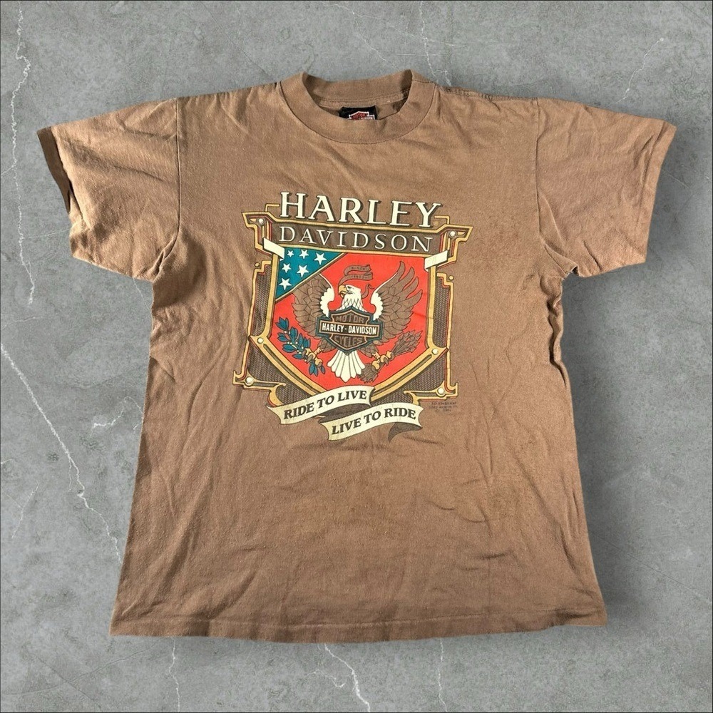 Vintage Harley-Davidson Shirt Mens Medium Brown 1991 3D Emblem Ride To Live 90s